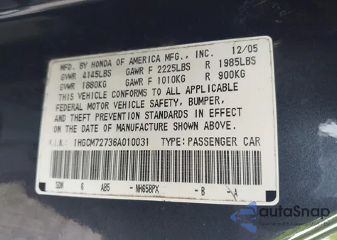 2006 Honda Accord 2.4 Ex from USA, damaged, VIN 1HGCM72736A010031